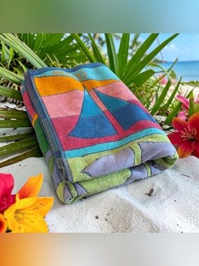 Vintage TerriSol Beach Towel Brazil Sailboats Palm Trees Moon Beach Houses